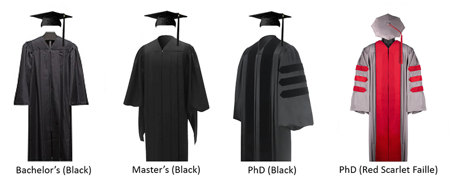 "Images of four types of MIT Commencement regalia: bachelor's black cap and gown, master's black cap and gown, P-h-D black cap and gown, P-h-d red scarlet faille cap and gown"