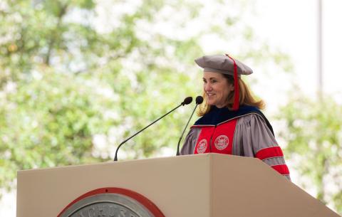 Image of Provost Cindy Barnhart speaking at the podium