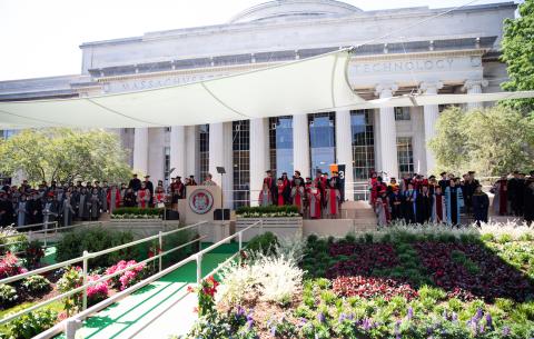 Image of the stage on Killian Court. Building 10 is seen in the background.