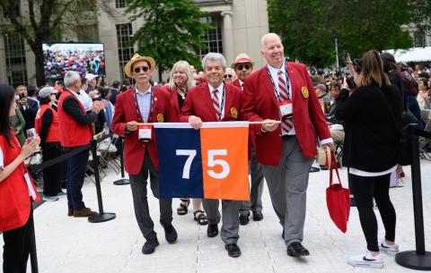 Image of the 50 year class alumni parade processing into Killian Court