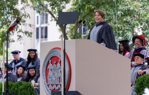 Image of Governor Maura Healey speaking at the podium during the OneMIT Commencement Ceremony