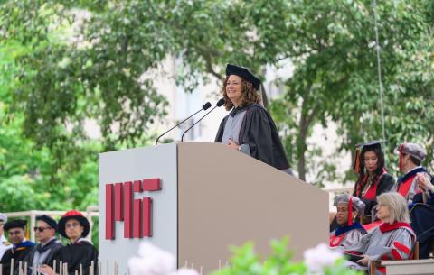 Image of Natalie Lorenz Anderson at the podium during the Undergraduate Ceremony