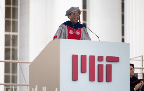 Image of Melissa Nobles at the podium during the Undergraduate Ceremony