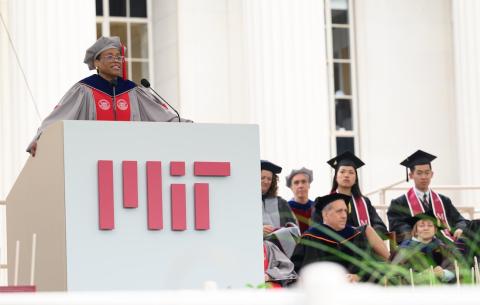 Image of Melissa Nobles at the podium during the Undergraduate Ceremony