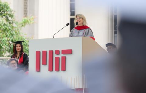 Image of Sally Kornbluth at the podium during the Undergraduate Ceremony